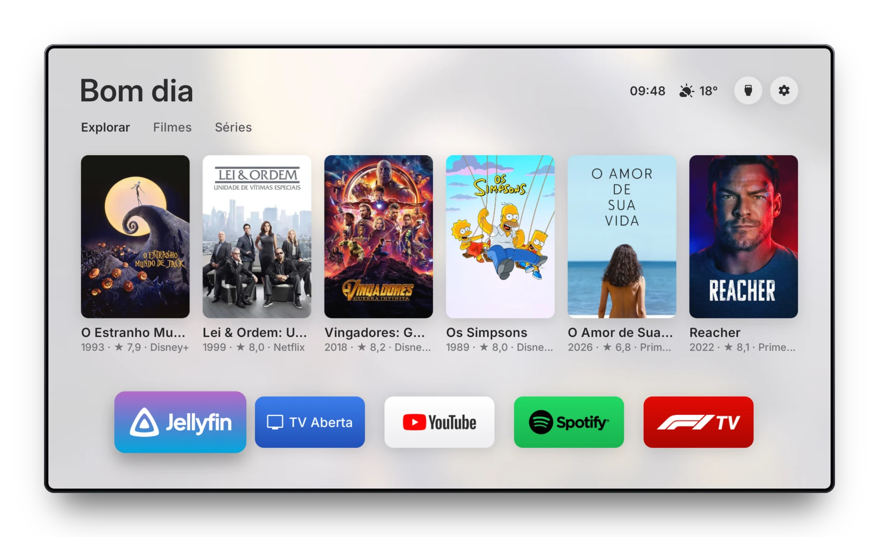 O Início do Marquise: saudação com a hora e o clima, seis pôsteres em alta na Netflix, no Prime Video e no Disney+, e a fileira de apps